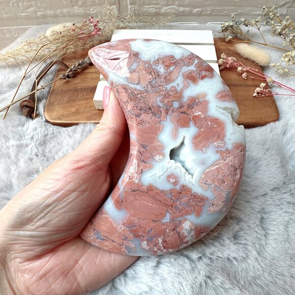 Beautiful Large Cotton Candy Pink Agate Druzy Moon with Stand - Picture 3 of 8